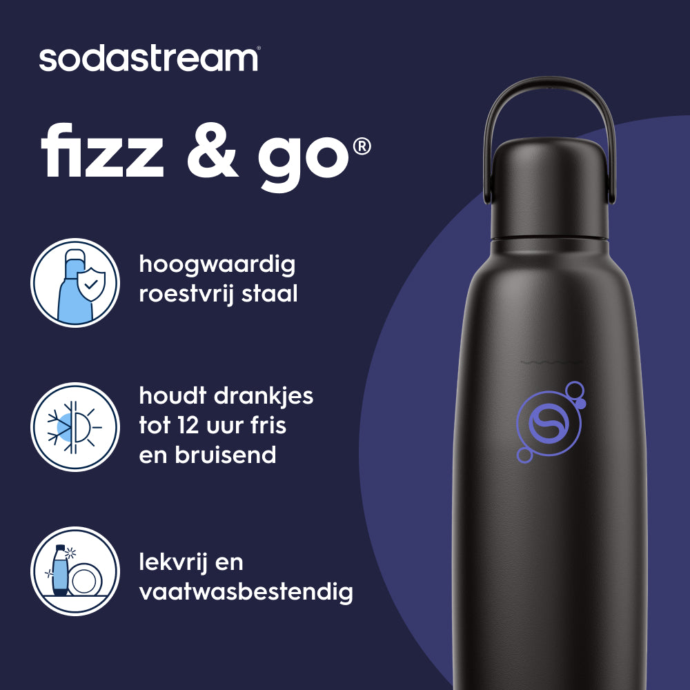 0.9L Sodastream fizz & go™ roestvrijstalen bruiswaterfles zwart