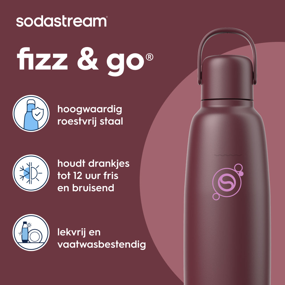 Bouteille de gazéification Sodastream fizz & go™ 0.9L en inox, sans BPA, couleur grenade